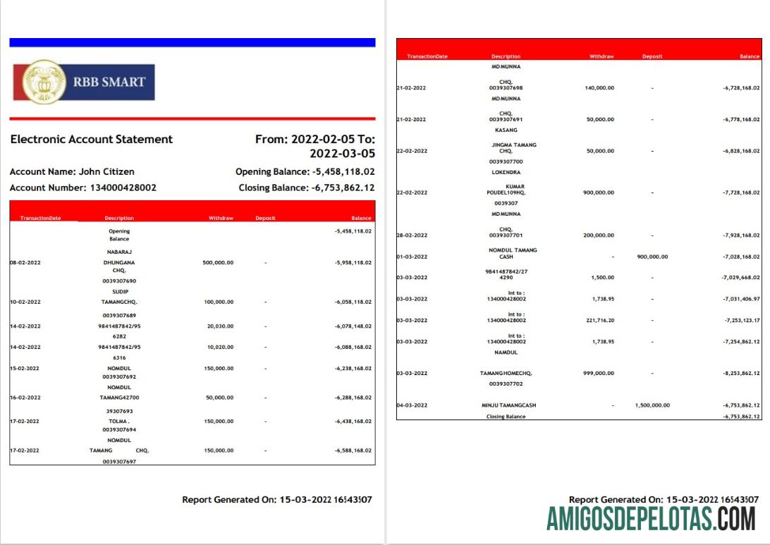 Exemplo de extrato bancário inteligente RBB da Índia com 2 páginas
